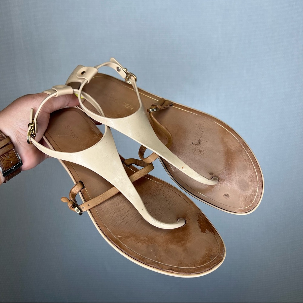 Sergio Rossi | Cream and‎ Tan T-Strap Sandals for Summer 41